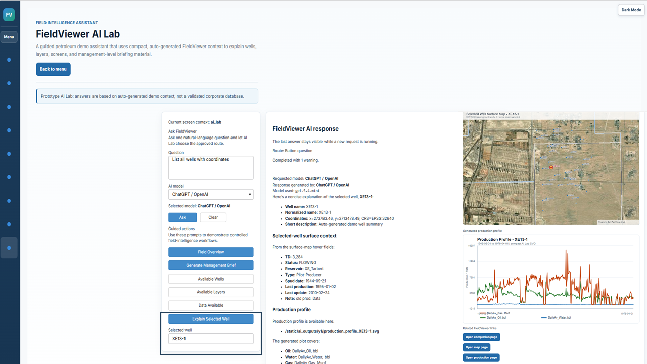FieldViewer AI Lab and selected well slide